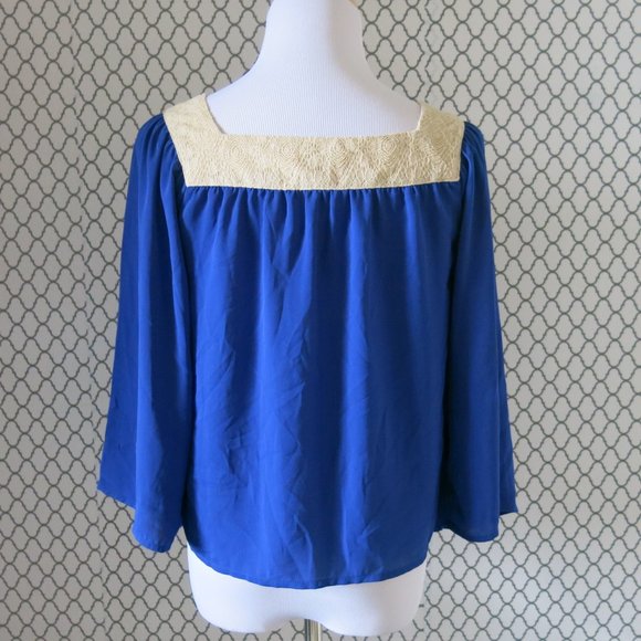 Flying Tomato Blue 3/4 Sleeve Embroidered Neck Detailed Top Blouse - Size XS - Picture 6 of 7